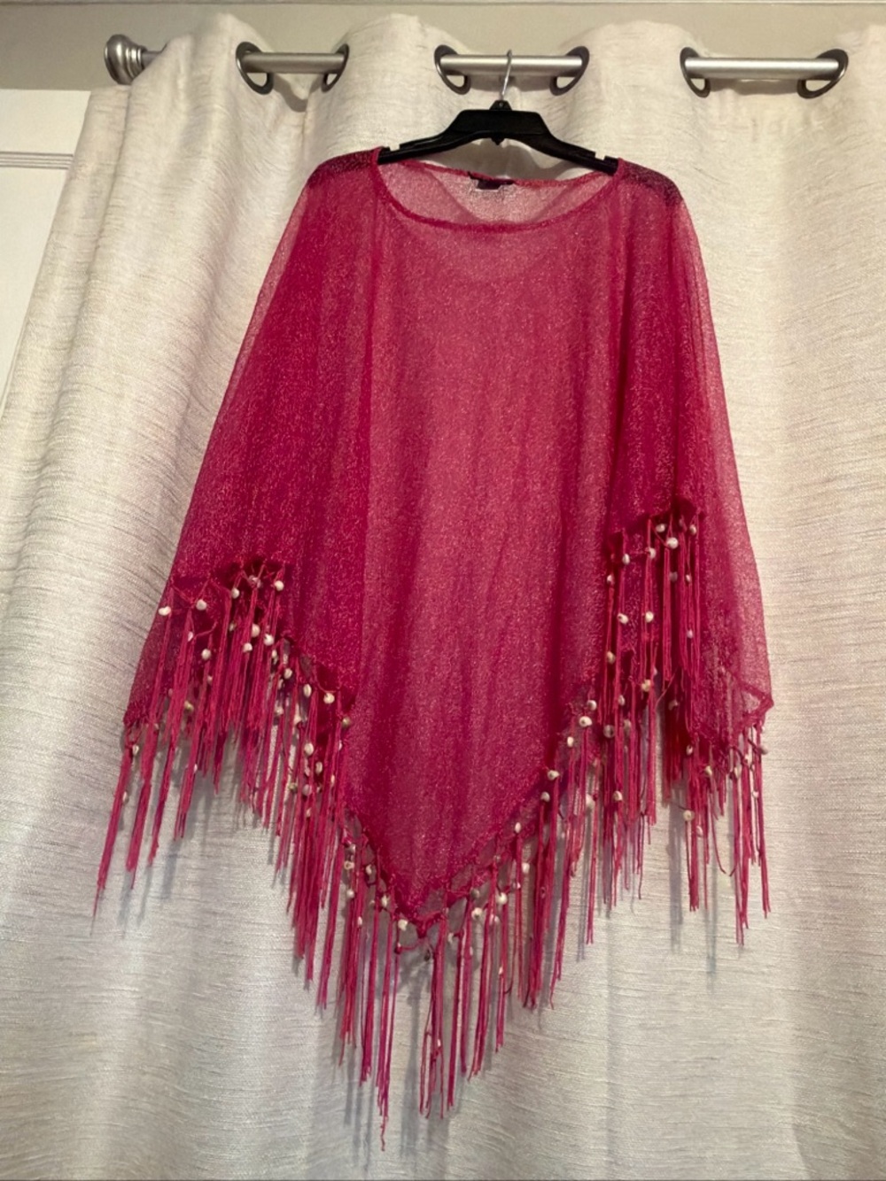 Maggie Barnes Fuchsia Sheer Fringe Poncho with Bead Accents - Picture 6 of 8